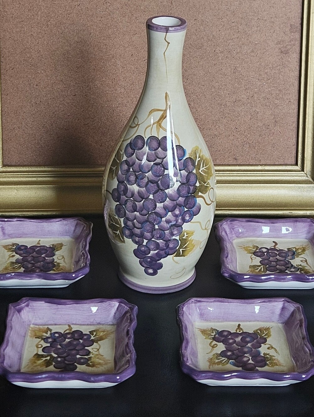 Tabletops Unlimited Merlot Dipping Bowls + Oil Bottle Hand Painted Purple Grapes